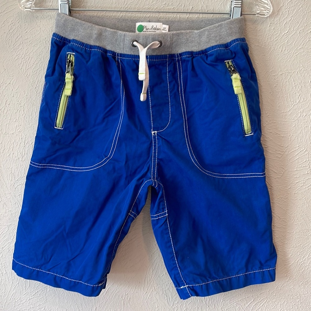 Mini Boden boys short 12Y. Royal blue. Grey waistband and lime green zippers.